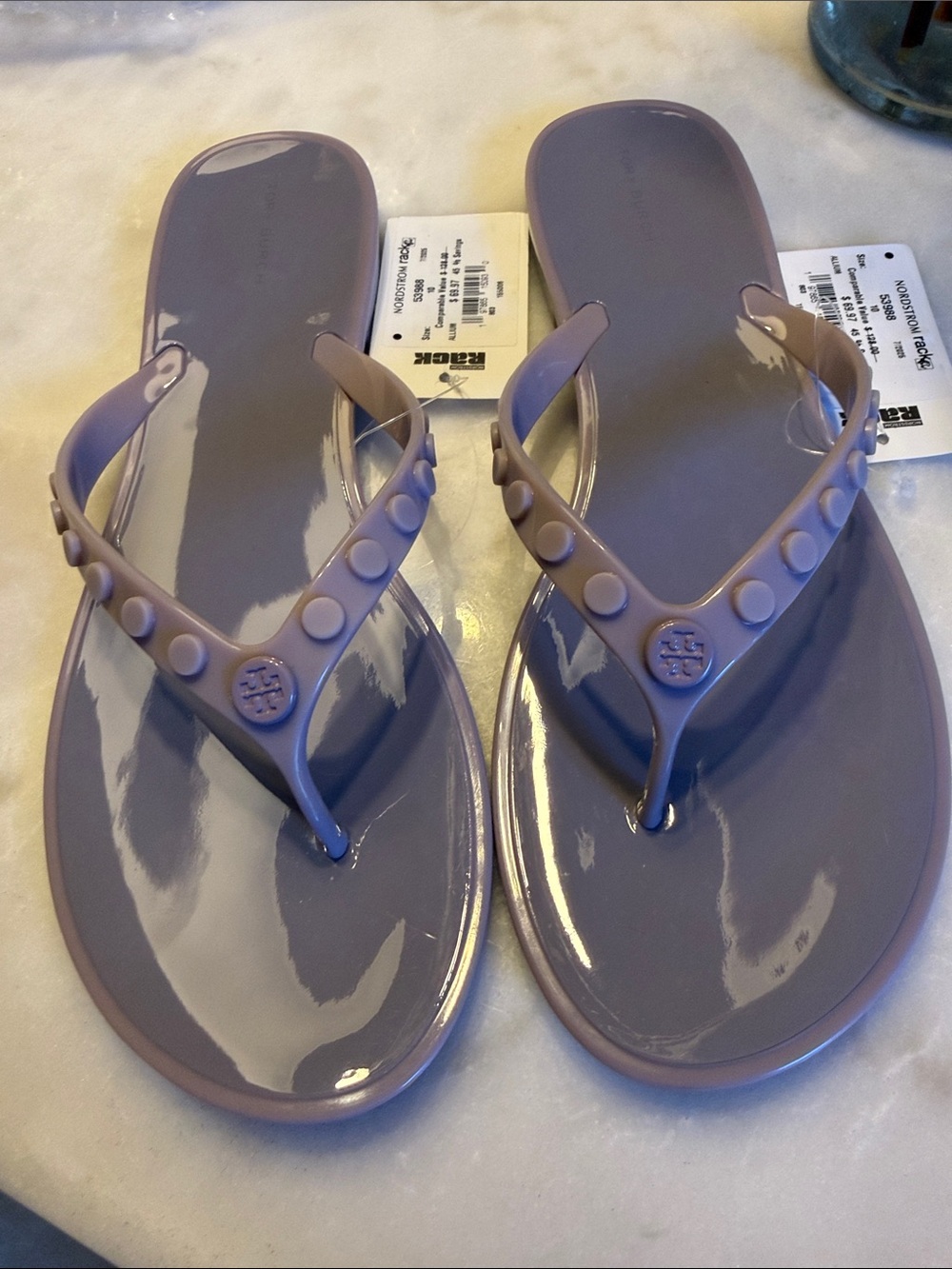 Tory Burch Lavender Logo Jelly Thong Sandals with Stud Detail